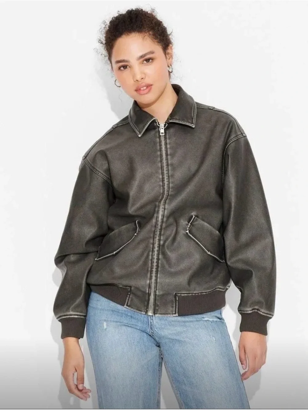 NWT Women’s wild fable Faux leather Black Bomber Jacket - Picture 2 of 4